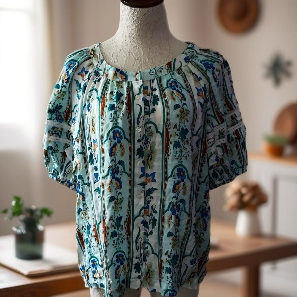 Jane and Delancey floral stripe peasant blouse L boho puff sleeve gauze NWT